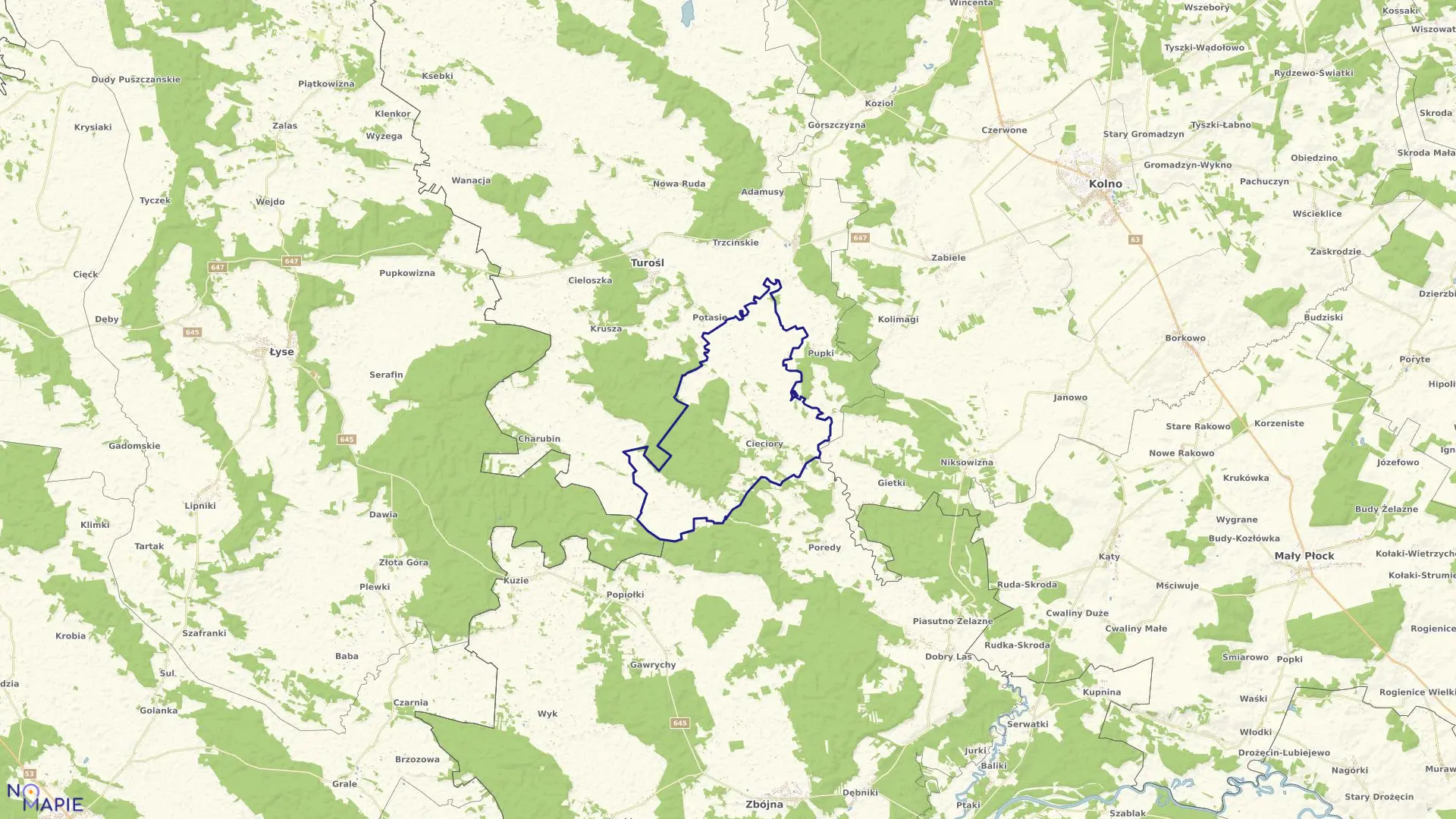 Mapa obrębu Cieciory w gminie Turośl