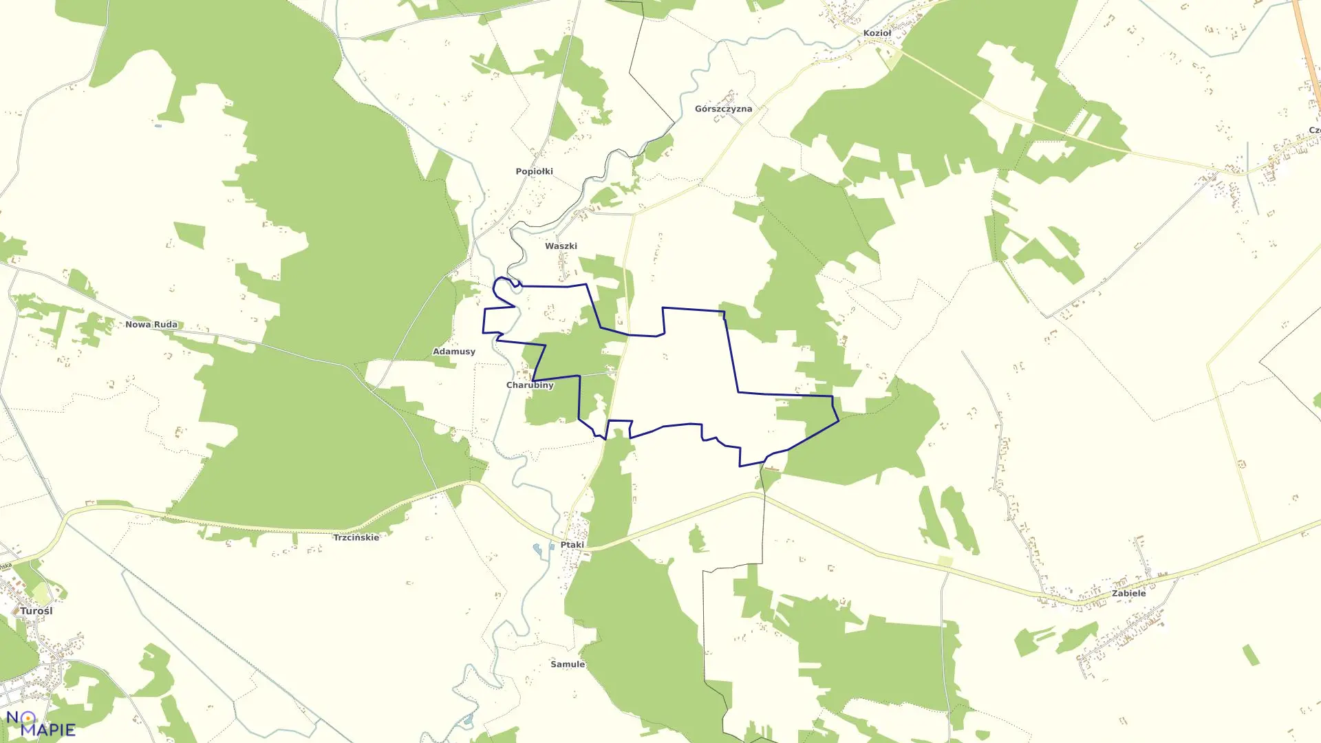 Mapa obrębu Dudy Nadrzeczne w gminie Turośl