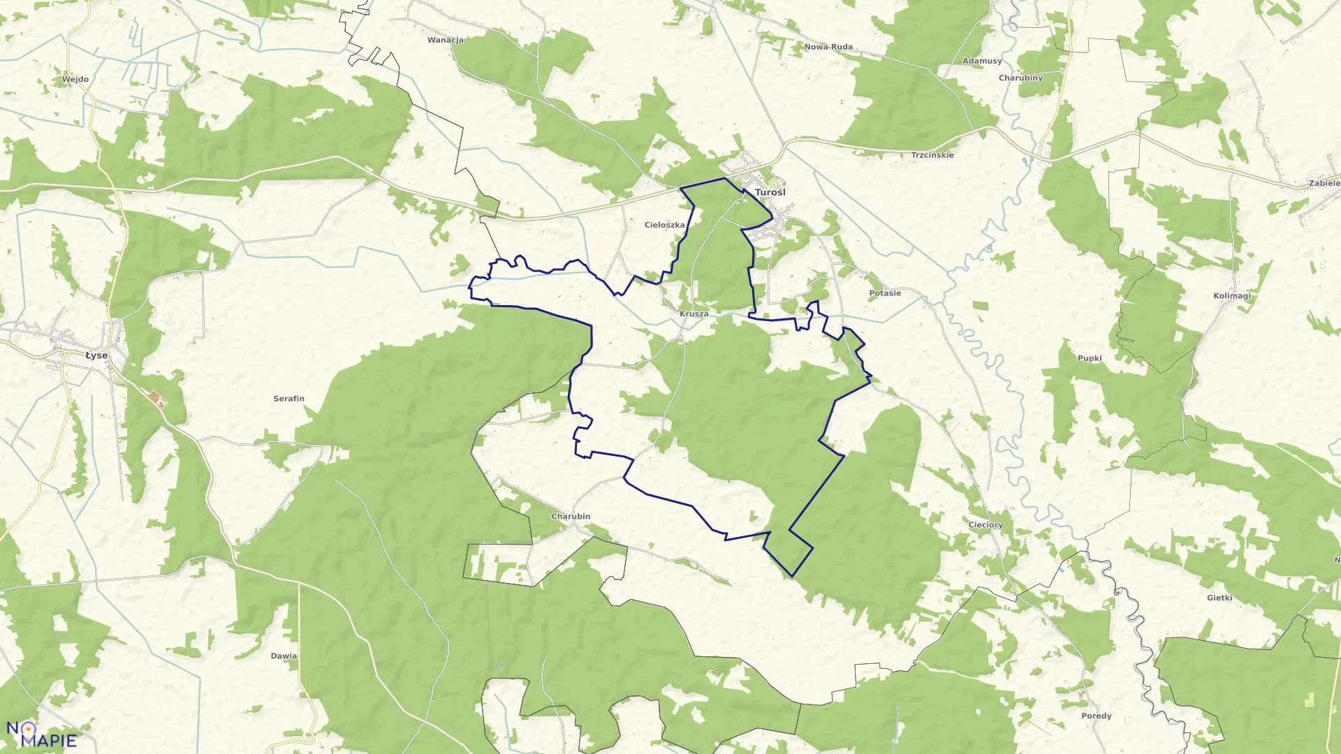 Mapa obrębu Krusza w gminie Turośl
