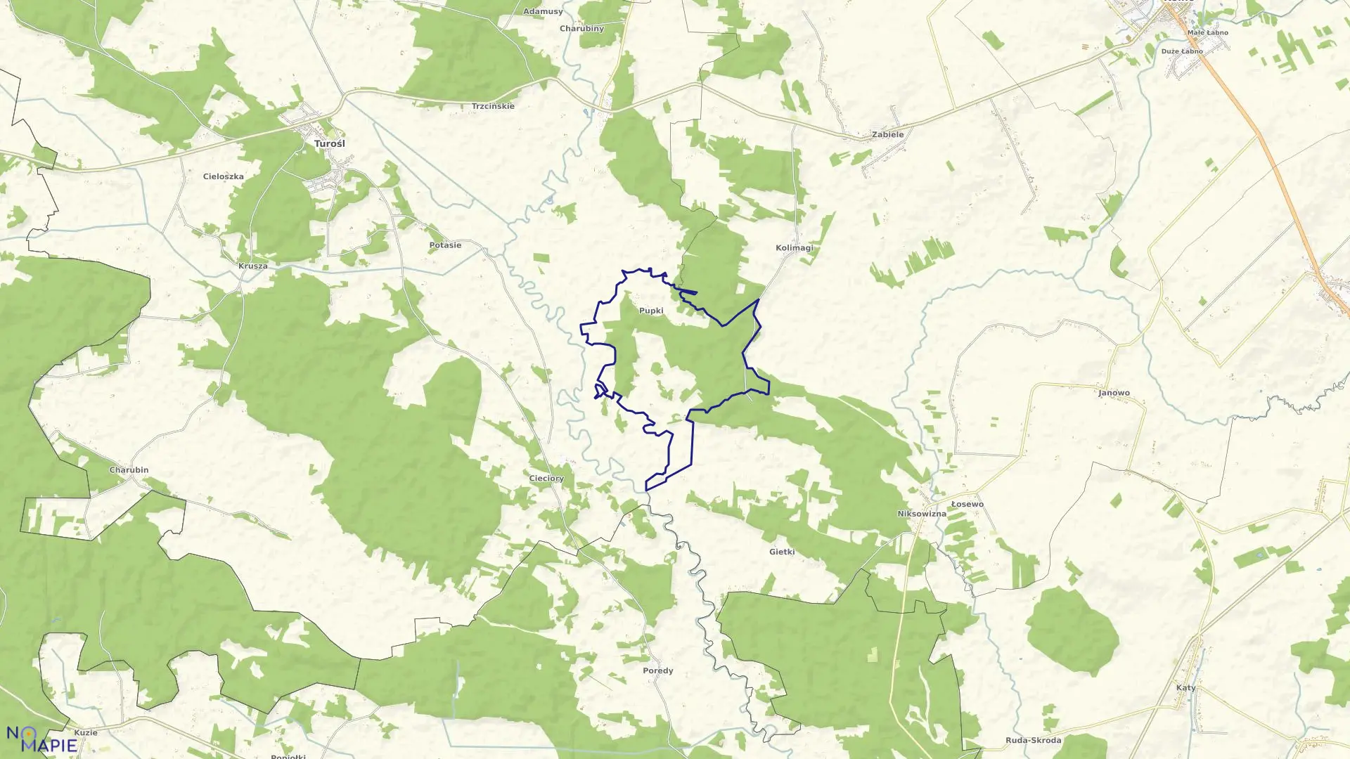 Mapa obrębu Pupki w gminie Turośl