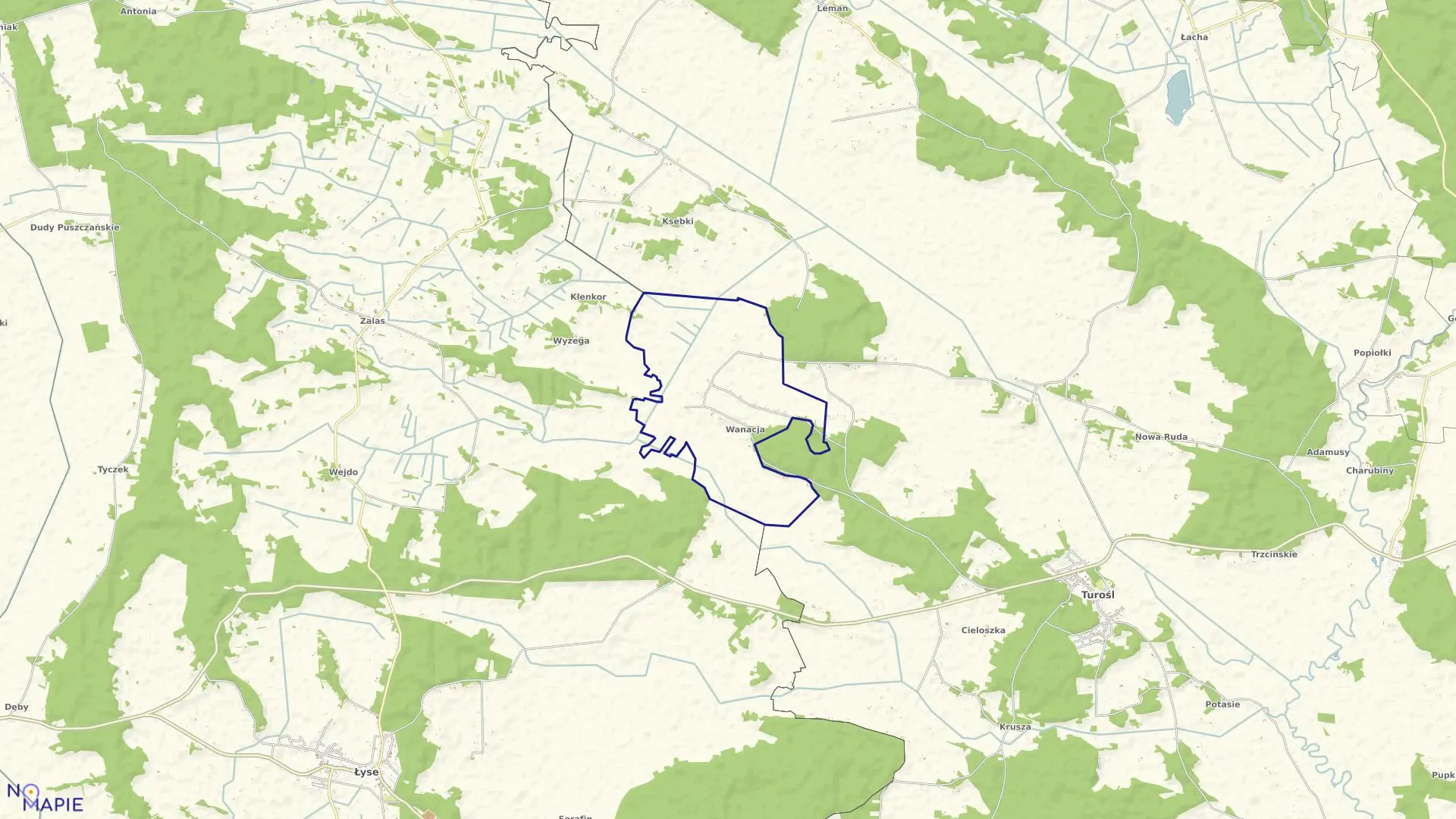 Mapa obrębu Wanacja w gminie Turośl